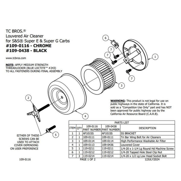 TC Bros Chrome Louvered Air Cleaner for S&S Super E & G Carbs