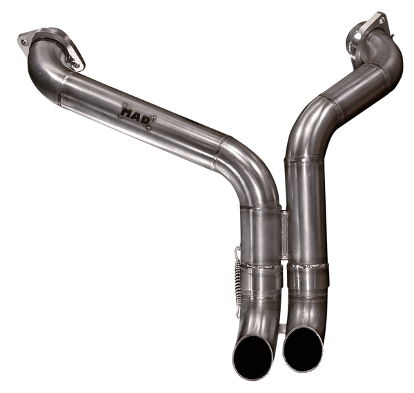 Mad Stainless Steel Exhaust Pipes Mad Switch 2-Into-1 With Long And Short Turn-Out End Caps For 1986 To Present Sportster