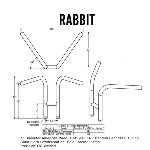 TC Bros 1" Rabbit Ears Handlebars - Black Smooth